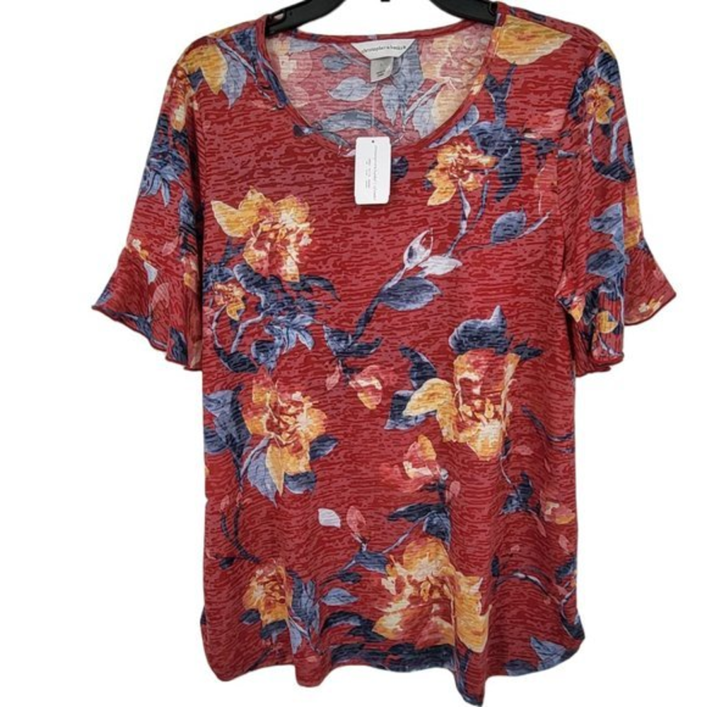 Christopher Banks Large Red Burnout Floral Ruffle Sleeve Soft Shirt‎ Blouse Top